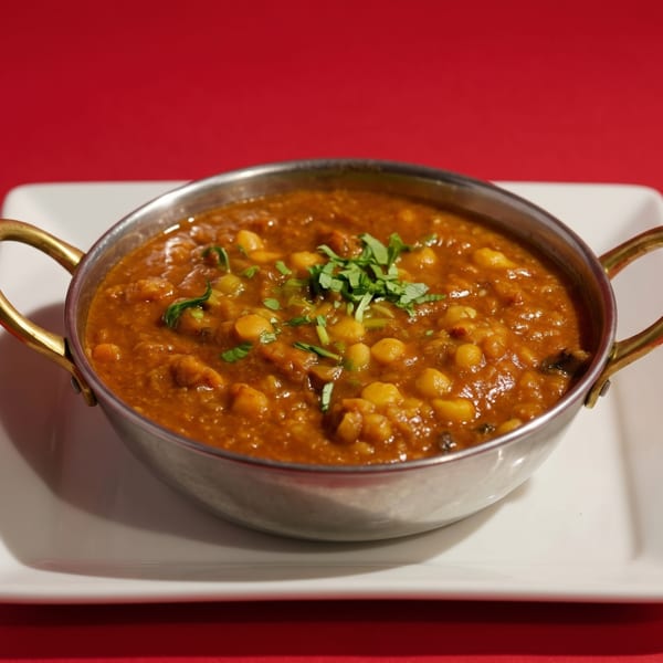 A metal bowl of chana masala, garnished with cilantro, sits on a white plate.