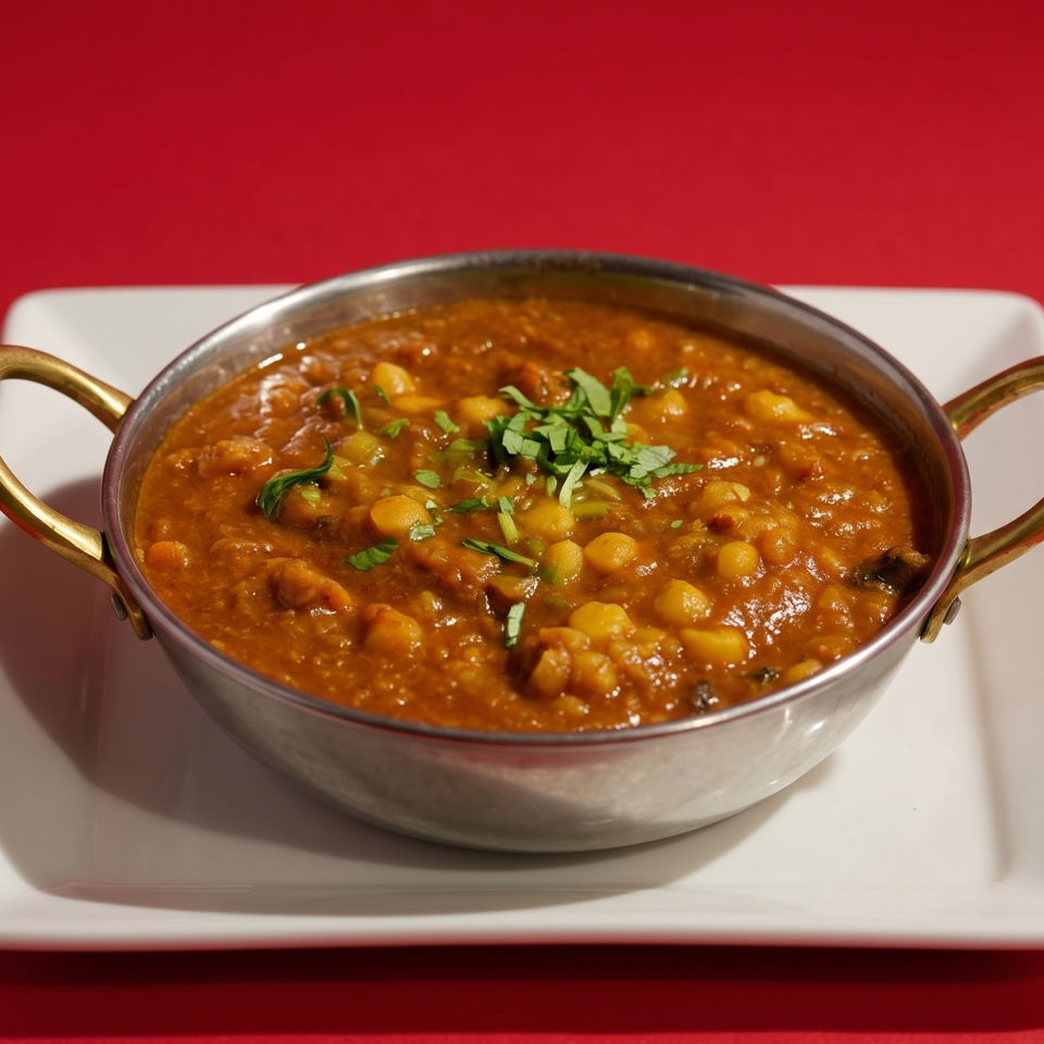 A metal bowl of chana masala, garnished with cilantro, sits on a white plate.
