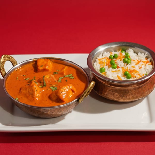 Paneer butter masala in a copper bowl with basmati rice and peas on a white plate.