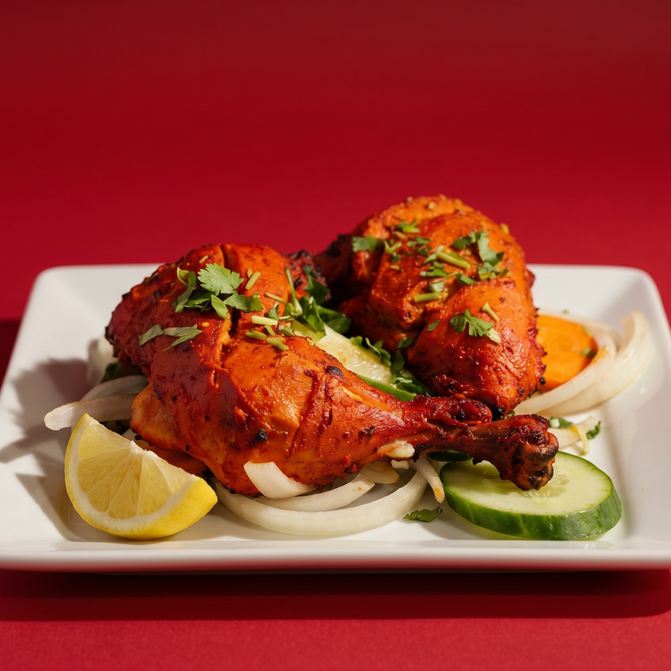 Two pieces of Tandoori chicken on a white plate with onions, cucumber, and lemon.