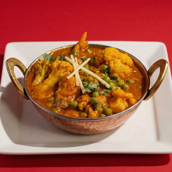 A copper bowl of Indian curry with cauliflower, peas, and ginger on a white plate.