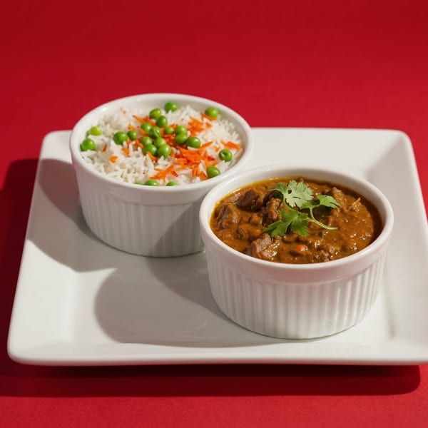 Two white ramekins on a rectangular plate, one with rice and peas, the other with beef curry.